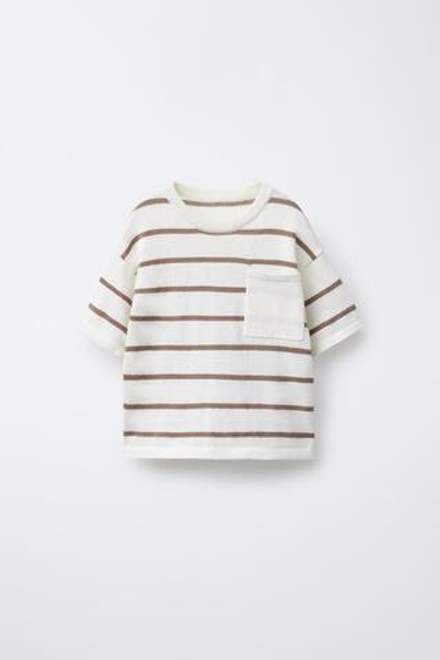 ZARA ТРИКОТАЖНАЯ ФУТБОЛКА В ПОЛОСКУ, КОРИЧНЕВЫЙ