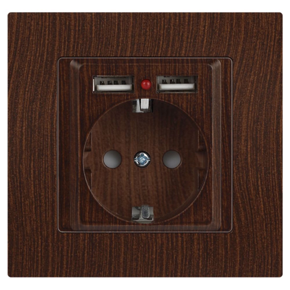 Розетка Intro Accent 6-410-10 с заземлением 2P+E Schuko со шторками 16А-250В + 2хUSB IP20 СУ венге