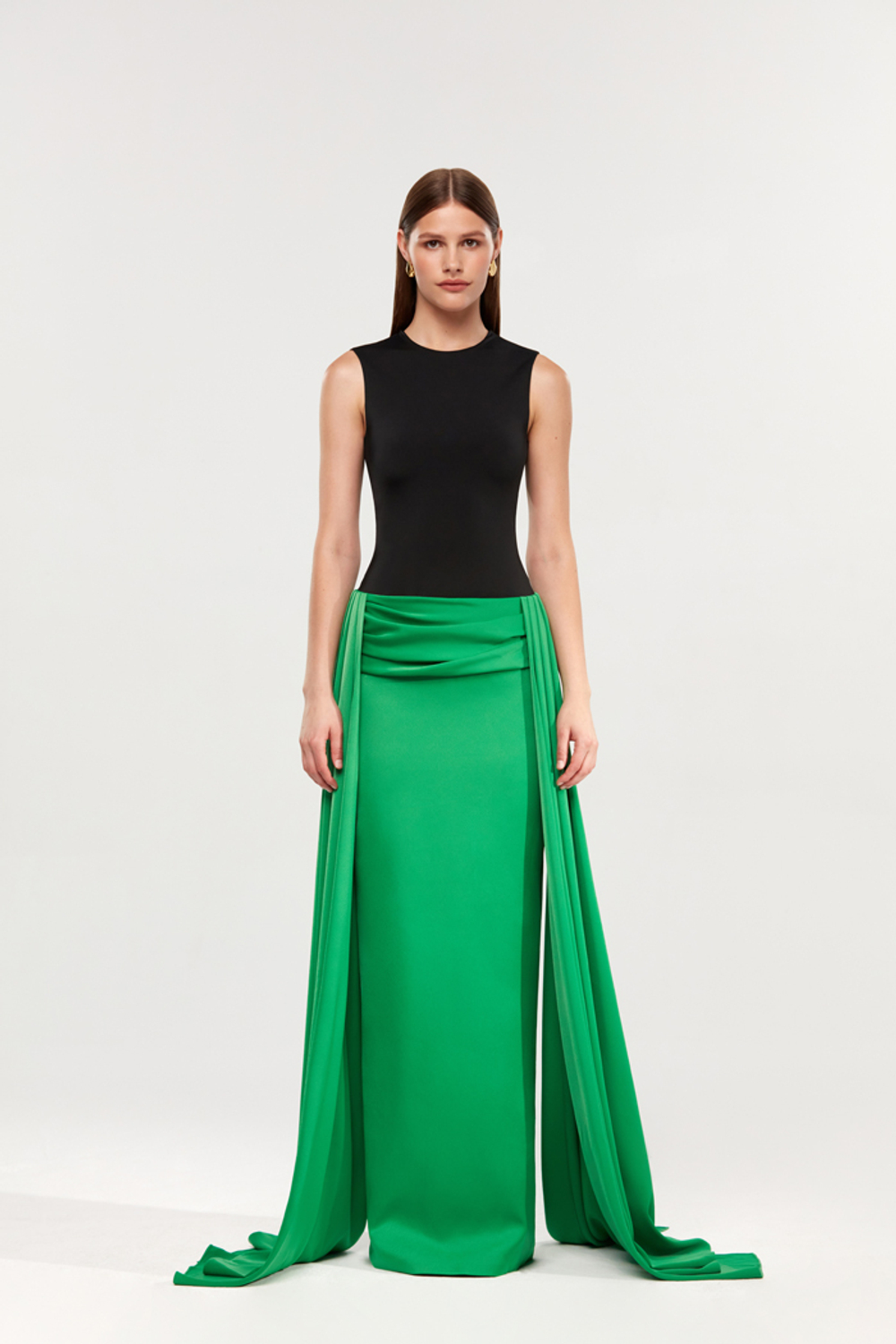 Платье макси из сатина и бифлекса