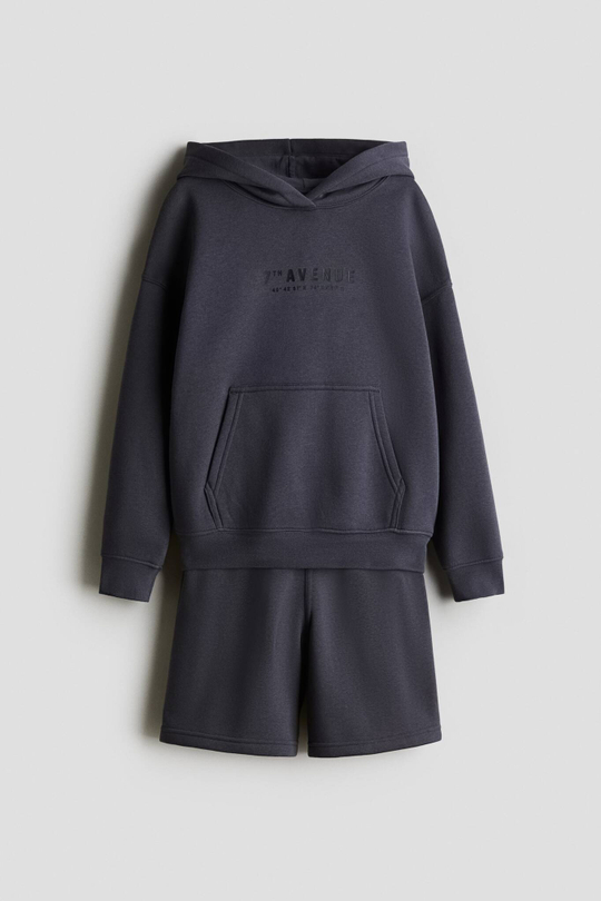 H&M Комплект из толстовки с капюшоном и шорт с принтом, темно-серый