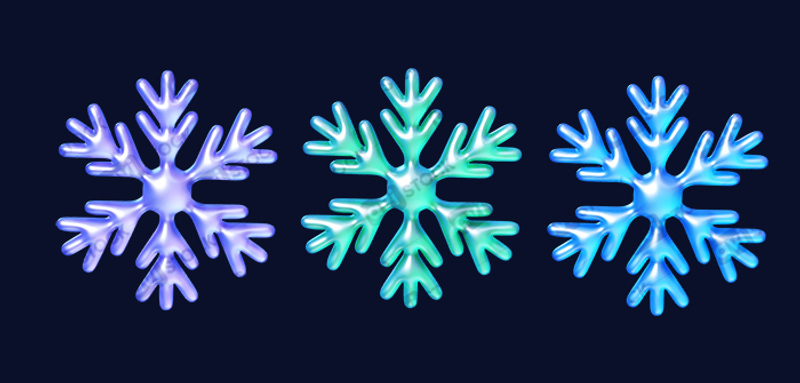 Неоновые жидкие снежинки PNG — 3D глянцевый клипарт для новогоднего и зимнего декора