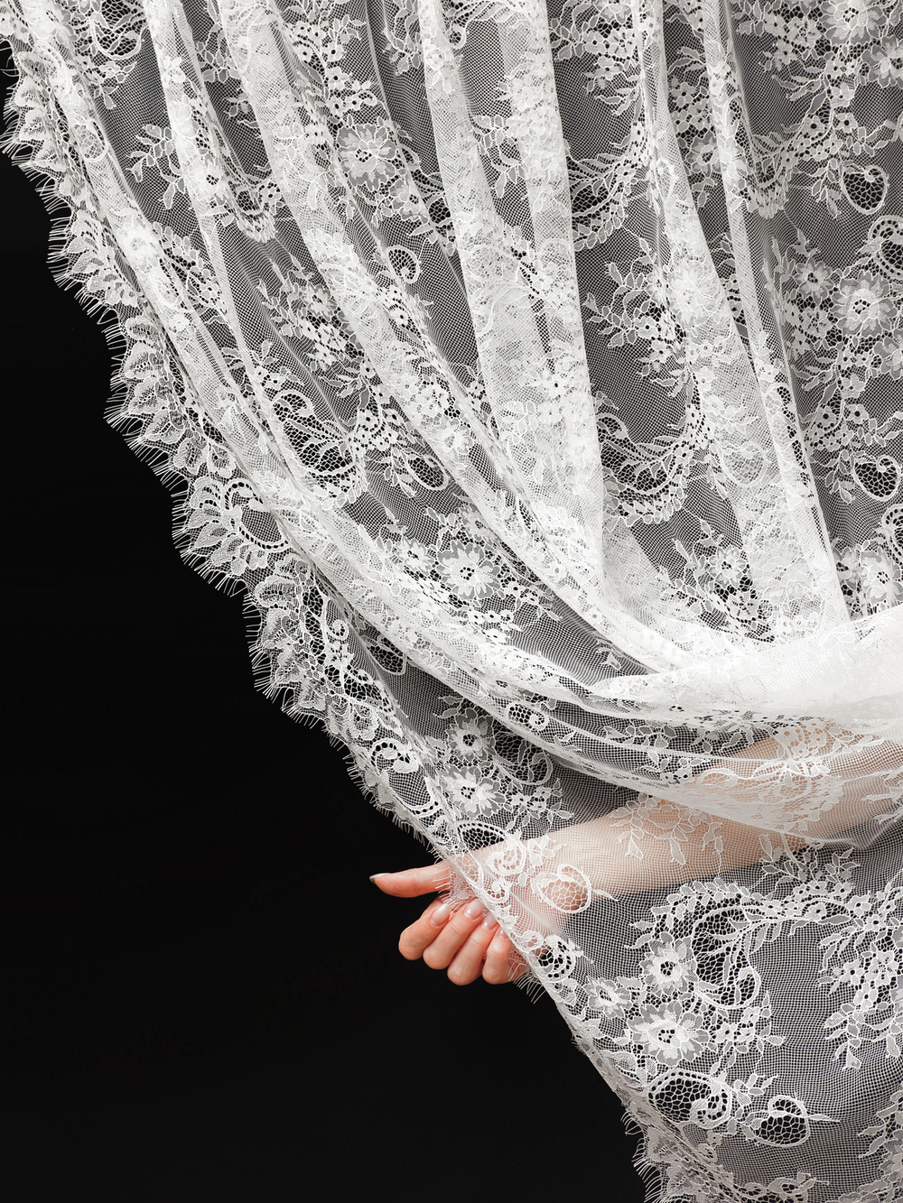 Кружево шантильи теплое белое широкое неэластичное ширина 1,5 м купон 2.9 м