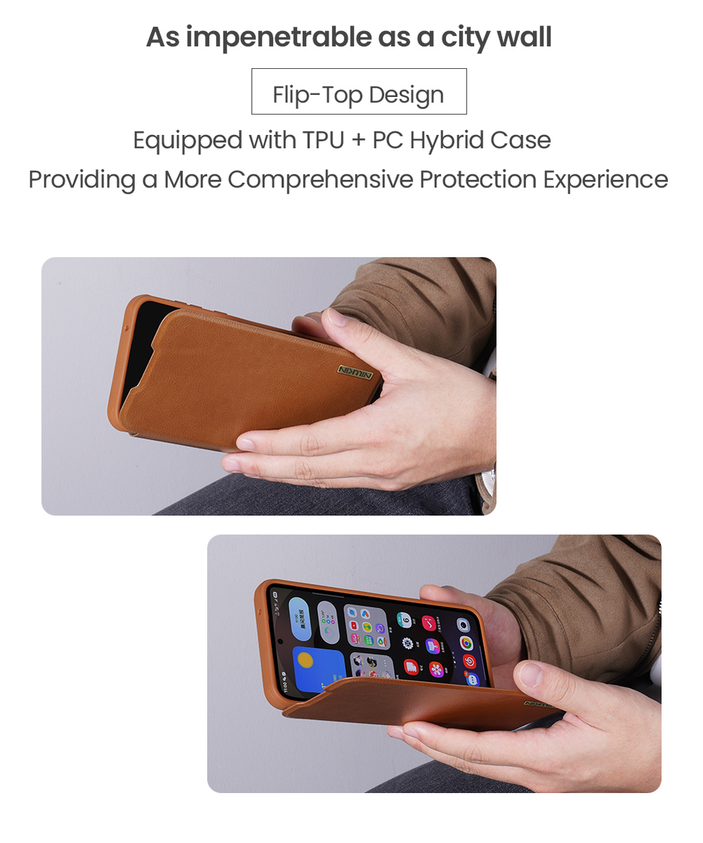 Кожаный чехол книжка коричневого цвета от Nillkin для смартфона Samsung Galaxy S25 Edge, серия Qin Pro Leather с сдвижной защитной шторкой для камеры