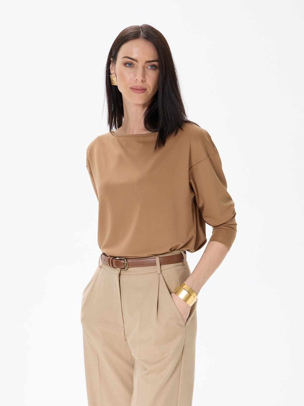 Лонгслив-лодочка кэмел вискоза