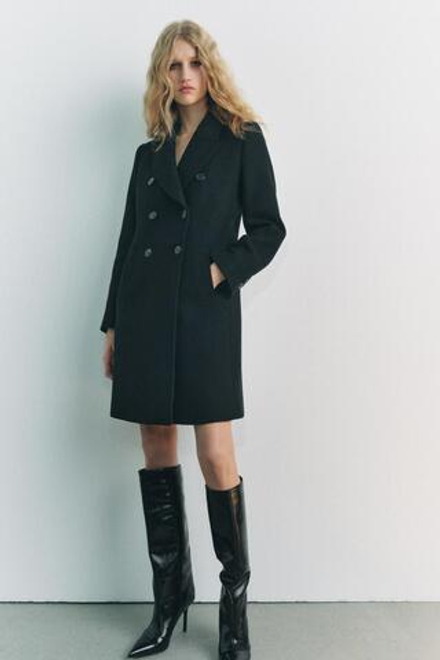 ZARA ДВУБОРТНОЕ ПАЛЬТО ИЗ СМЕСОВОЙ ШЕРСТИ, ЧЕРНЫЙ