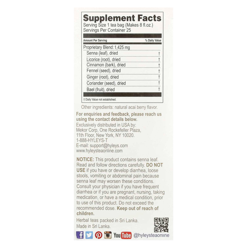 Hyleys Tea, Colon Cleanse, ягоды асаи, без кофеина, 25 чайных пакетиков в фольге, 37,5 г (1,32 унции)