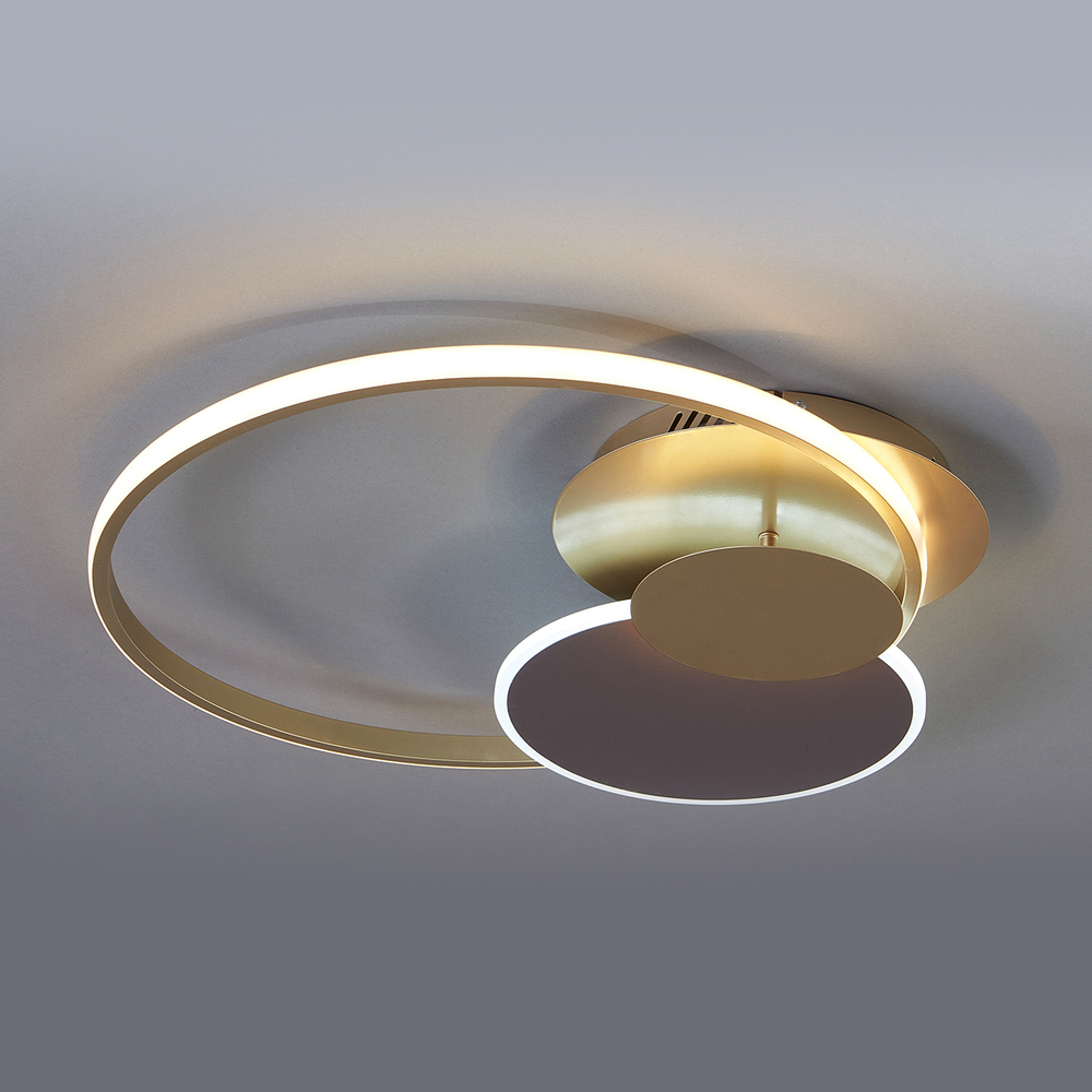 Светодиодный светильник 85Вт, 3798Лм, 3000К-5700К, Ra>80, ИК-пульт, плавная регулировка мощности, изменение цветовой температуры, яркость 50%, ночник, металл/акрил, золото/кофе