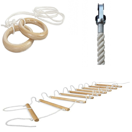 Комплект: Канат х/б с крепежом, Кольца гимнастические деревянные, Лестница веревочная с деревянными ступенями (10 шт)