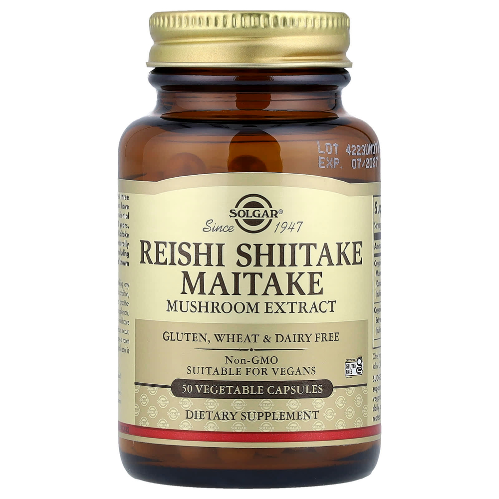 Solgar, Экстракт грибов рейши, шиитаке и грифолы курчавой, 50 вегетарианских капсул
