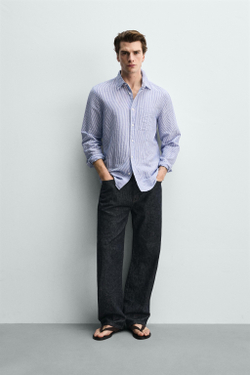 ZARА РУБАШКА REGULAR FIT ИЗ ЛЬНА И ХЛОПКА, БЕЛЫЙ/НЕБЕСНО-ГОЛУБОЙ