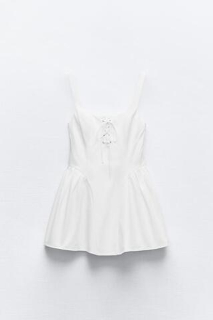 ZARA КОРОТКОЕ ПЛАТЬЕ ИЗ ГАБАРДИНА СО ШНУРОВКОЙ, БЕЛЫЙ