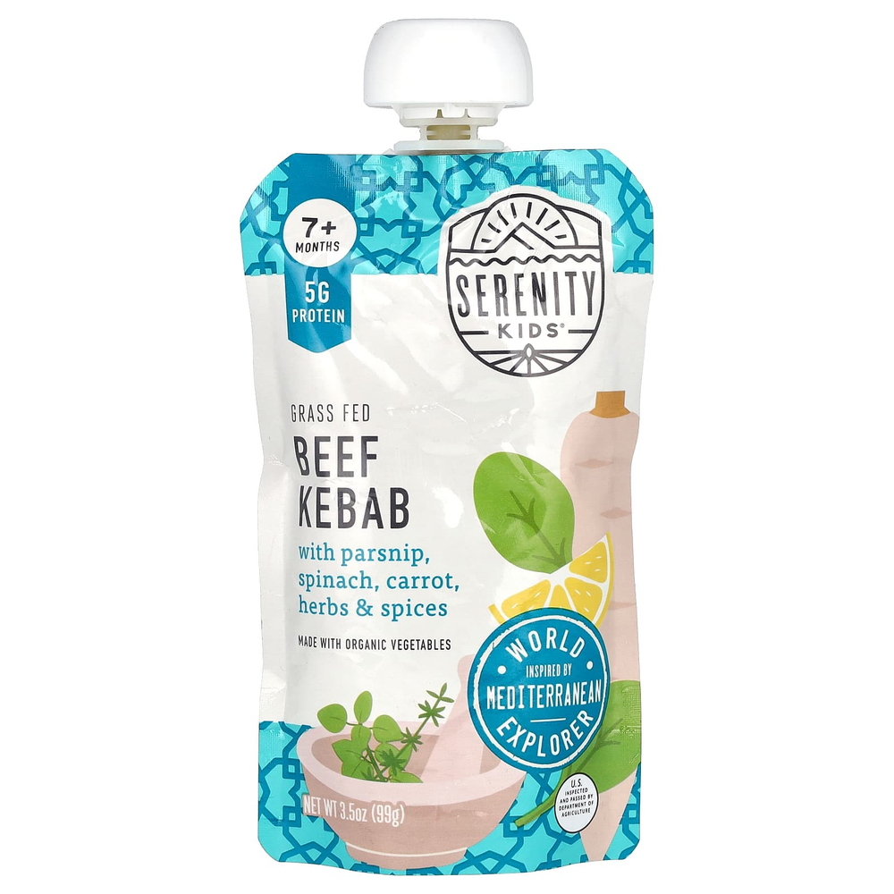 Serenity Kids, кабаб из говядины с пастернаком, шпинатом, морковью, травами и специями, для детей от 7 месяцев, 99 г (3,5 унции)