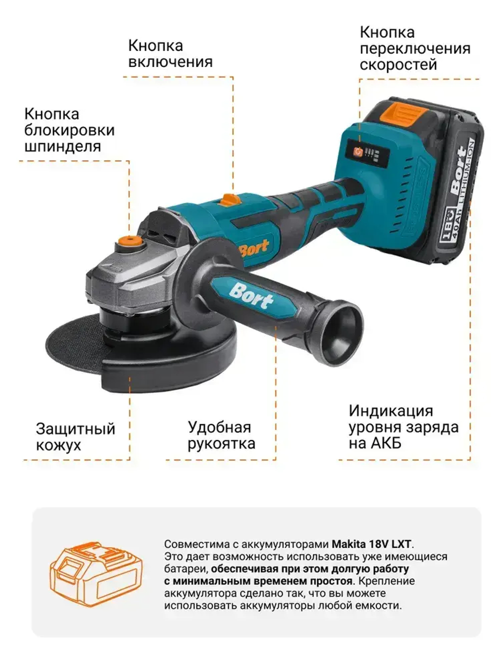 Аккумуляторная бесщеточная ушм болгарка BORT BWS-21LI 21В, диск 125 мм, 2 АКБ 4.0 А/ч, в кейсе с быстрой зарядкой