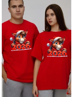 Футболка красная новогодняя лошадь 2026
