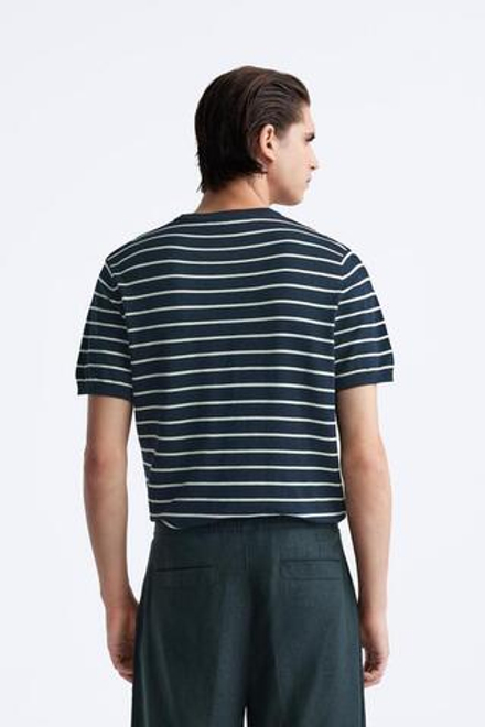 ZARA ФУТБОЛКА ИЗ СМЕСОВОЙ ВИСКОЗЫ, ТЕМНО-СИНИЙ/БЕЛЫЙ