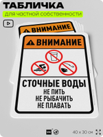 Табличка для частной территории "Внимание, сточные воды", на дом, для участка, организаций и частных территорий, предупреждающая, 40х30 см, Silver Plane x Айдентика Технолоджи