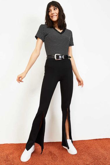 Qadın üçün yarıqlı, trapes ayaqlı şalvar Qara 10031053