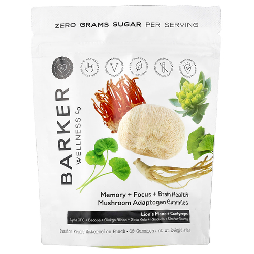 Barker Wellness Co, жевательные грибной адаптоген, со вкусом арбузного пунша, 60 жевательных таблеток