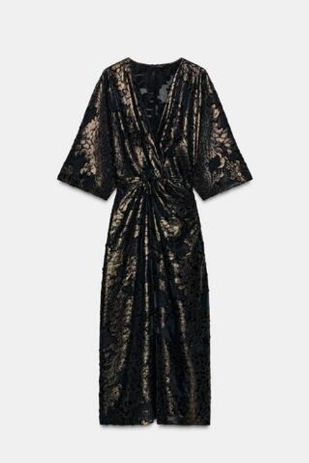 ZARA ПЛАТЬЕ МИДИ ИЗ БЛЕСТЯЩЕЙ ТКАНИ СО СБОРКАМИ, ЧЕРНЫЙ