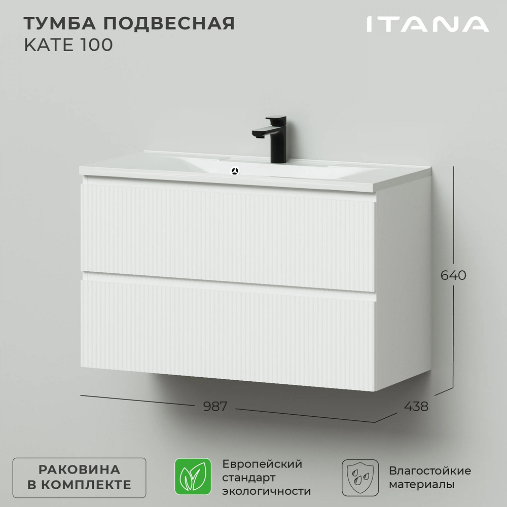 Комплект тумба подвесная Итана Kate 100 (987х438х640) с раковиной Milena 100 Бланж