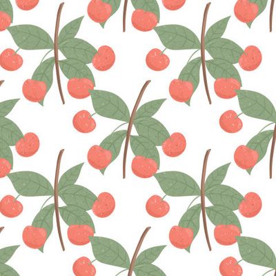 Спелые вишни или черешни. Сладкая вишневая ягода на ветке с листьями на белом фоне. Яркие вкусные ягоды. Ягодный паттерн.