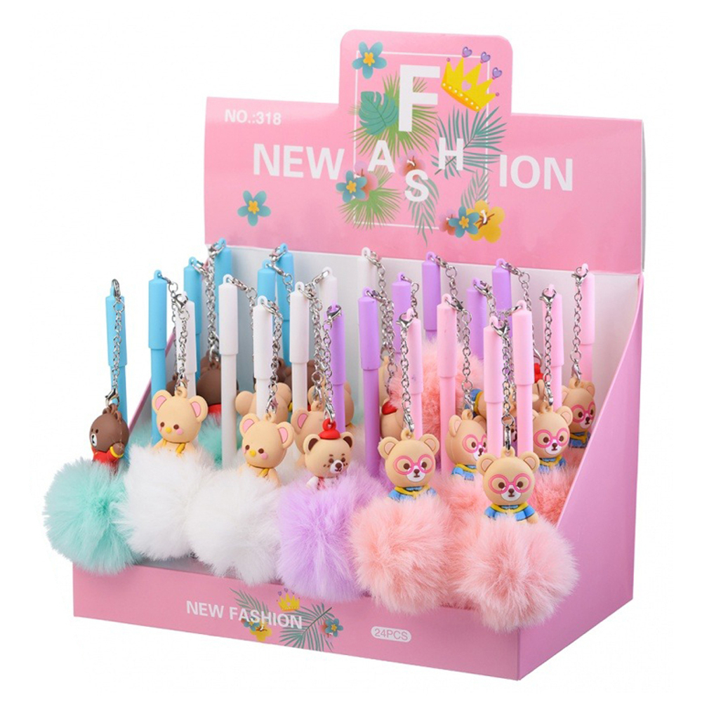 Ручка шариковая, Basir, синие чернила, серия "Медвежата пушистые", с пушистым брелоком, 24 шт