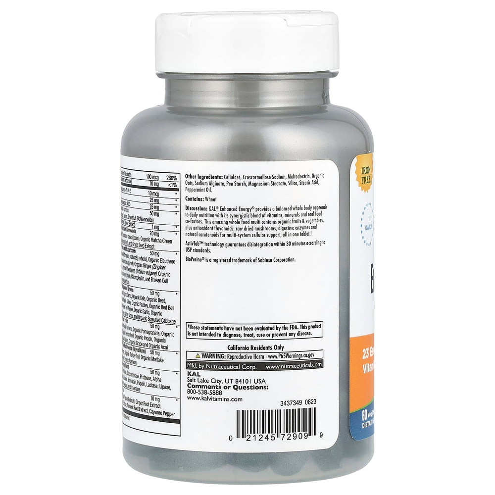 KAL, Enhanced Energy®, мультивитамины из цельных продуктов, без железа, 60 растительных таблеток