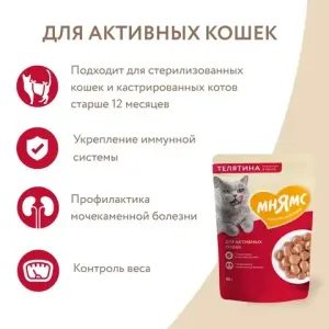 Пауч Мнямс для активных кошек, кусочки в соусе с телятиной