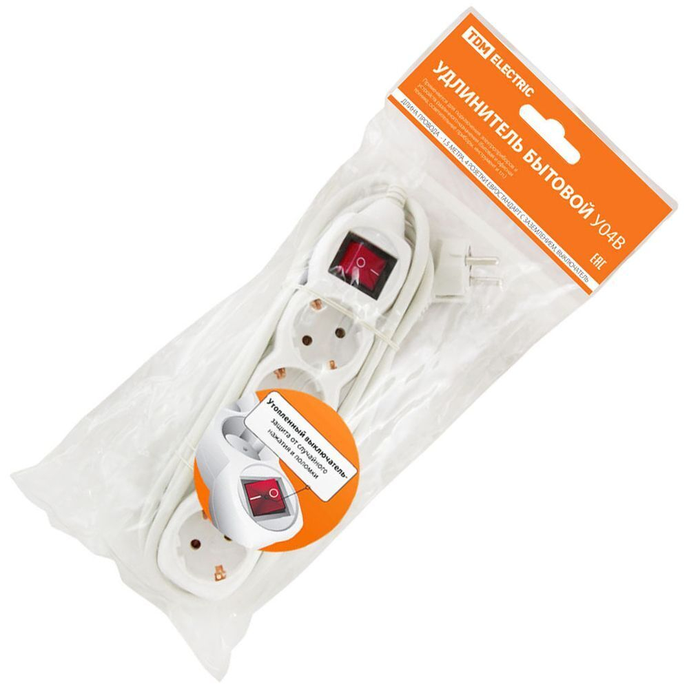 Удлинитель бытовой 4 гн, 1.5 м, ПВС, 3х1 мм2, с/з, 16 А, выкл, 250 В, TDM, У03В, SQ1303-0110