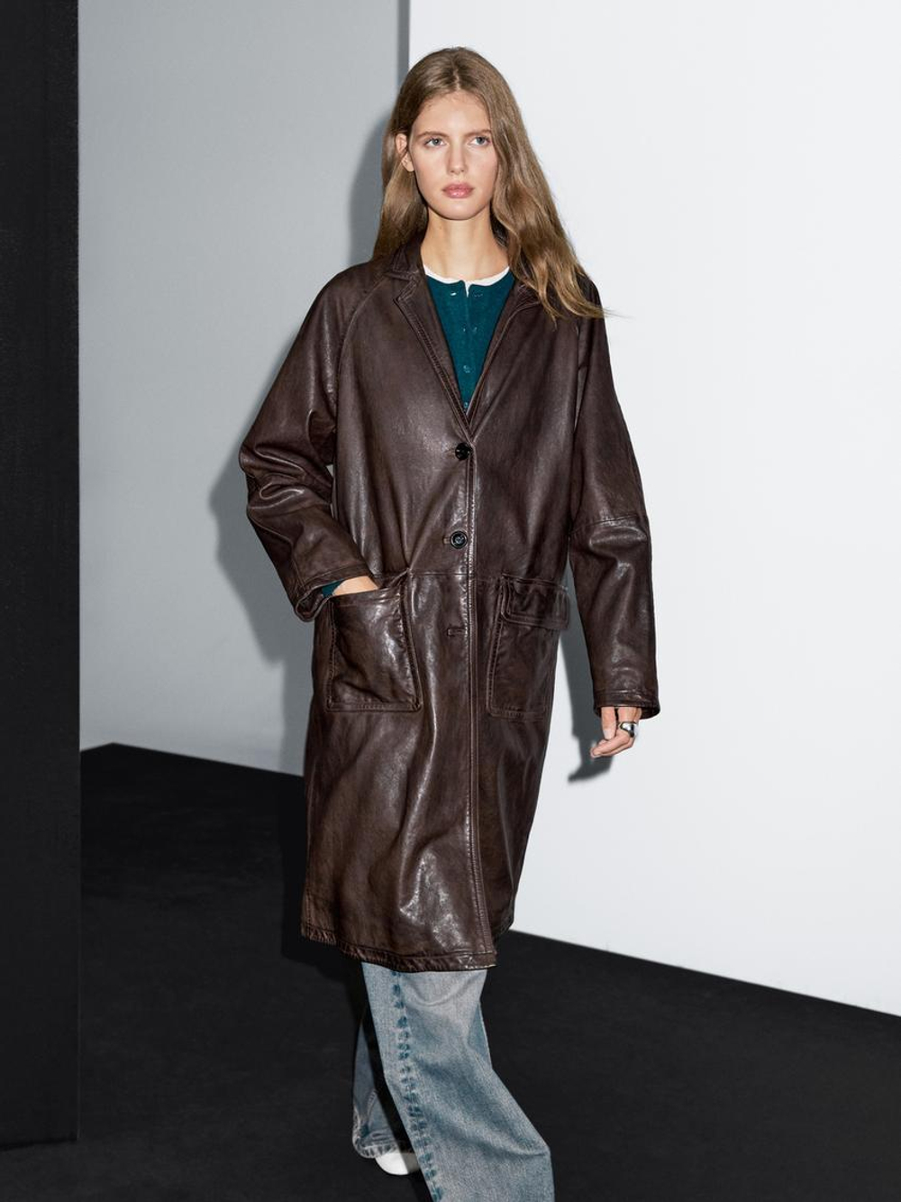 Massimo Dutti Длинное пальто из кожи наппа, коричневый