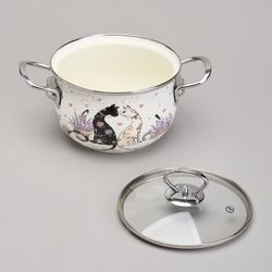 КАСТРЮЛЯ AGNESS ЭМАЛИРОВАННАЯ СО СТЕКЛЯННОЙ КРЫШКОЙ СЕРИЯ "LAVENDER CATS", 2,0 Л ДИА. 18СМ