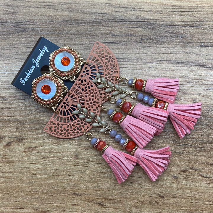 Клипсы Шестигранник перламутр стразы полукруг ажурный веточка ассорти 3 кисточки цвет розовый металл золотистый