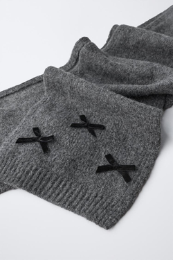 ZARA ТРИКОТАЖНЫЙ ШАРФ С БАРХАТНЫМИ БАНТАМИ, АНТРАЦИТВО-СЕРЫЙ