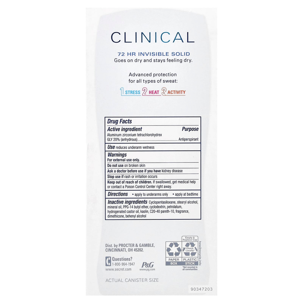 Secret, Антиперспирант / дезодорант с клинической силой, невидимое твердое вещество, защита в виде порошка, 2,6 унции (73 г)