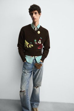 ZARA HARRY LAMBERT X DISNEY РАСКЛЕШЕННЫЕ ДЖИНСЫ С РАЗРЕЗАМИ, СИНИЙ