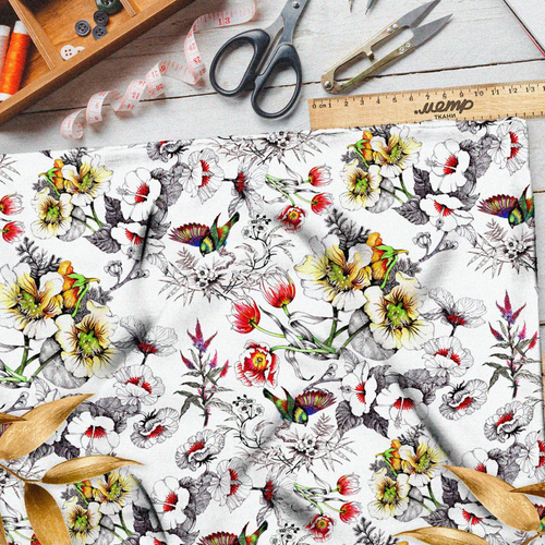 Ткань шелк Армани фантастический красочный букет с птичками
