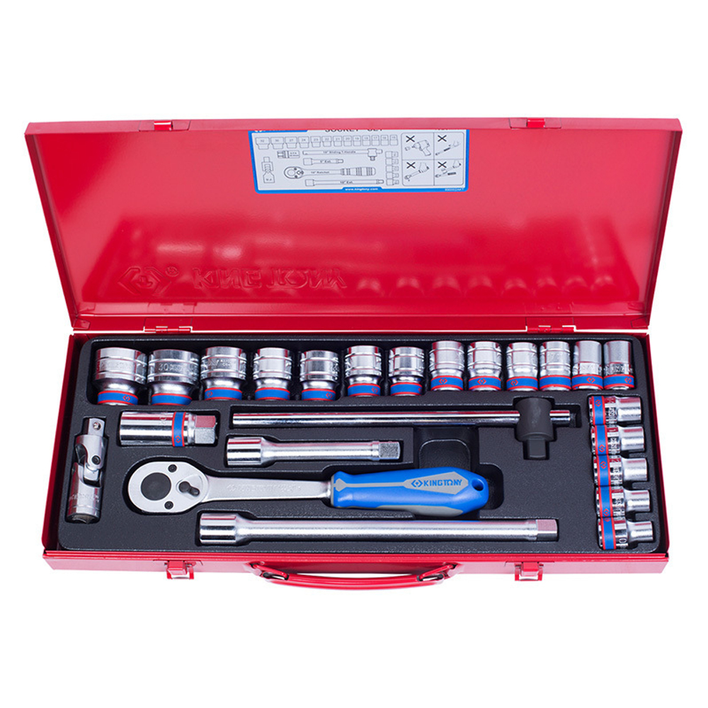 KING TONY (4028MR) Набор торцевых головок с принадлежностями 1/2", 12-гранные, 10-32 мм, 24 предмета