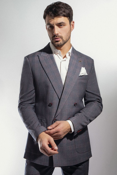 Двубортный костюм мужской (серо-синий) С1