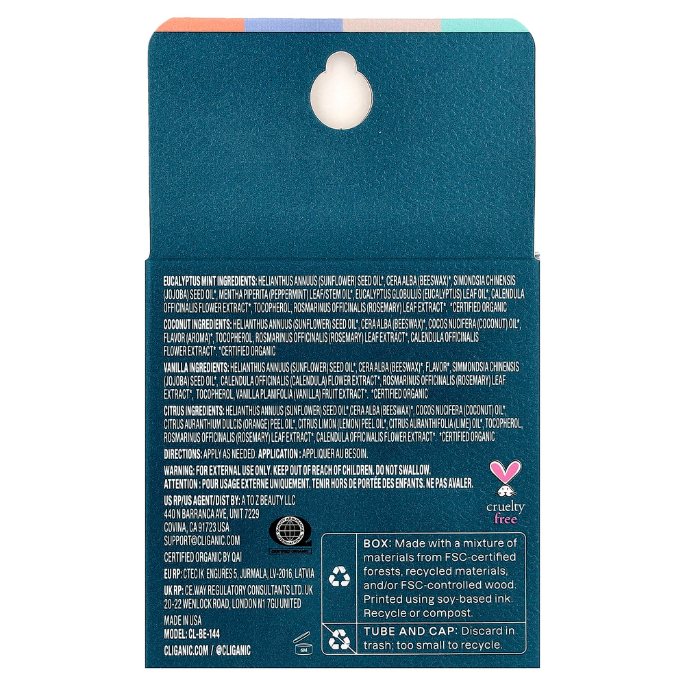 Cliganic, Набор органических бальзамов для губ, Sweet Bliss, 4 шт. В упаковке, по 4,25 г (0,15 унции)