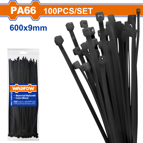 Кабельные стяжки черные 9х600 мм 100 шт (8/16) WADFOW WTEB560090