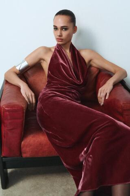 ZARA БАРХАТНОЕ ПЛАТЬЕ С ОТКРЫТОЙ СПИНОЙ, МАЛИНОВЫЙ