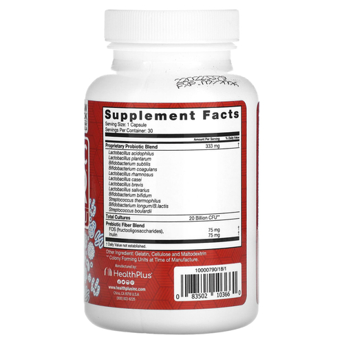 Health Plus, пробиотическая клетчатка, 20 млрд КОЕ, 30 капсул