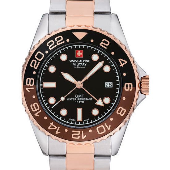 С браслетом Мужские наручные часы с серебряным золотым браслетом Swiss Alpine Military 7052.1154 mens watch GMT 42mm 10ATM