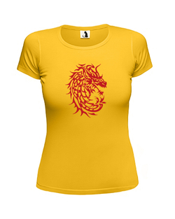 Футболка c драконом женская приталенная желтая с красным рисунком