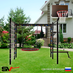 Уличная шведская стенка Sv Sport рукоход с комплектом турник прямой 2шт У5266.1К (Турник/Брусья/Скамья/Гнездо 100см/Щит баскет/Канат/кольца/лестница/Сетка)