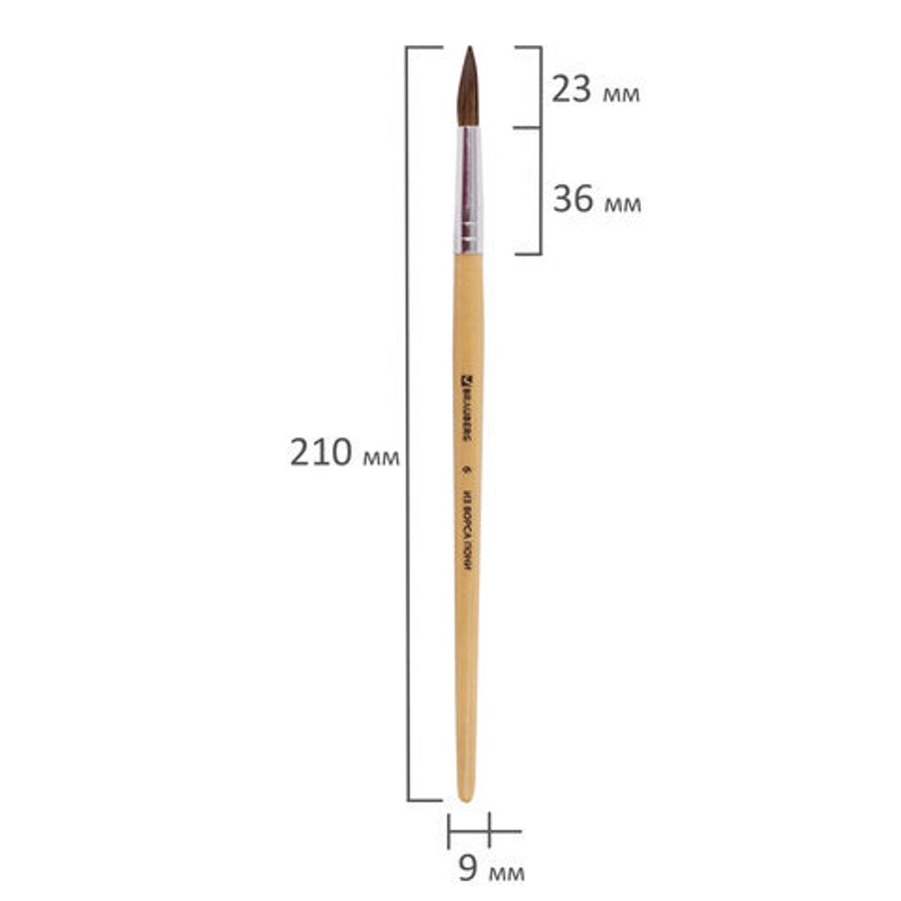 Кисть BRAUBERG, из ворса пони, круглая, № 6, 200192