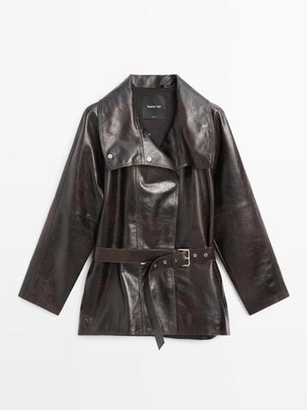 Massimo Dutti Куртка из кожи наппа с поясом, коричневый