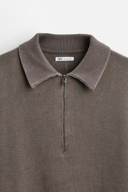 ZARA ПОЛО ИЗ РЕЛЬЕФНОГО ТРИКОТАЖА С ЭФФЕКТОМ ПОТЕРТОСТИ, СЕРЫЙ