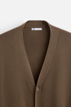 ZARA КАРДИГАН ИЗ РЕЛЬЕФНОГО ХЛОПКА, КОРИЧНЕВЫЙ