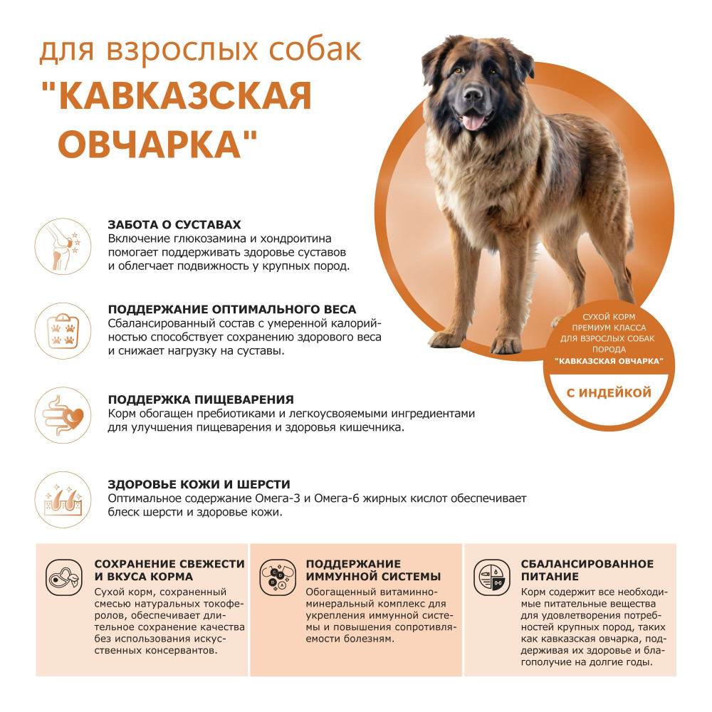 Корм сухой для взрослых собак породы Кавказская овчарка, премиум полнорационный комплекс, с индейкой, 2,5 кг, QUATTRO